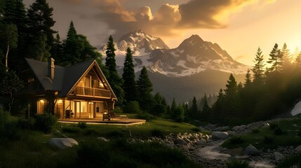 Sunset at a Mountain Cabin Retreat by a Stream