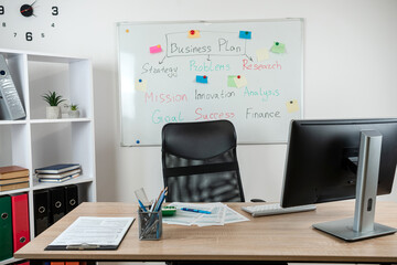 nobody, workplace with laptop, financial documents  pen calculator at office interior