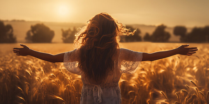 Young woman with open arms in field at sunset. Freedom concept.