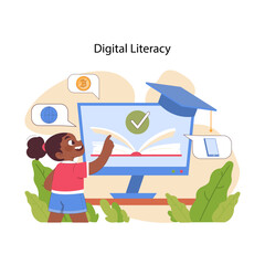 Digital literacy concept. Little girl engaging with interactive learning tools for online education about modern technologies. Emphasizing informed internet use. Flat vector illustration