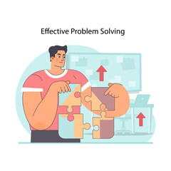 Effective problem solving concept. Man does puzzles easily, improving work process. Piecing together solutions with logic and precision. Navigating complexities effortlessly. Flat vector illustration