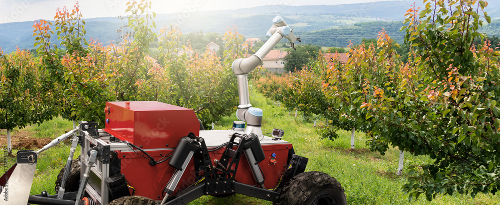 Poster autonomous agricultural robot with robotic arm. smart farm concept.