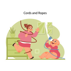 Fototapeta premium Strangulation hazard. Young girl entangled in rope, trying to get out, while toddler plays with a cord. Critical reminder of the dangers they pose and need for childproofing. Flat vector illustration
