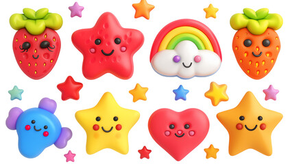 A set of beautiful plasticine stickers. Star, rainbow, strawberry, cloud, heart. 3D effect.