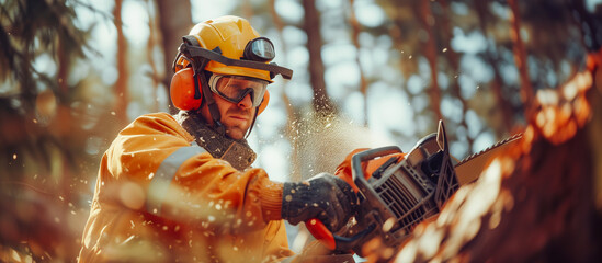 Outdoor work, lumberjack cutting timber with a powerful chainsaw. Forestry worker in action, chainsaw in hand, amidst a forest backdrop. - obrazy, fototapety, plakaty