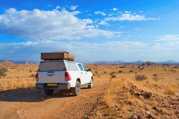 Off road car with roof tent in the middle of namibian landscape. Namibia road trip. - obrazy, fototapety, plakaty