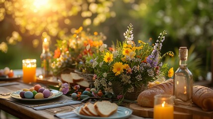 Obraz na płótnie Canvas Outdoor Easter table setting with vases of fresh spring flowers, lit candles, painted eggs, and traditional Easter bread. Softly lit garden Backdrop. AI Generated
