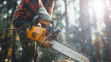 Outdoor work, lumberjack cutting timber with a powerful chainsaw. Forestry worker in action, chainsaw in hand, amidst a forest backdrop.