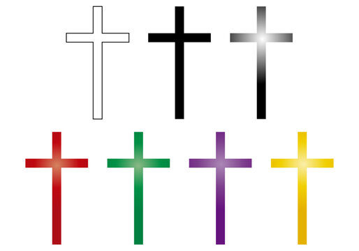 Hoja de iconos de 7 cruces latinas en blanco, negro, degradado blanco y negro, rojo, verde, morado y dorado. Semana Santa. Cristianismo