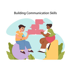 Communication skills concept. Kids engaging in active dialogue with speech bubbles. Building confidence in speech abilities and relationships. Learning to express and listen. Flat vector illustration
