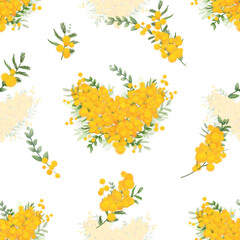 Seamless pattern with bouquets of mimosa, isolated on white and with heart shapes.. Transparent background. PNG