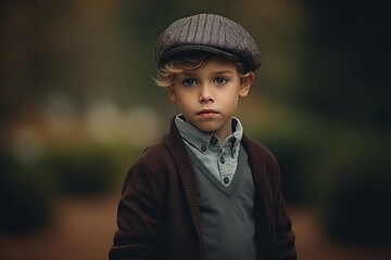 Portrait of a cute little boy in a hat. Autumn fashion.