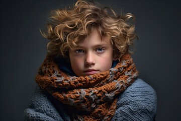 Portrait of a boy with curly hair wearing a warm scarf.