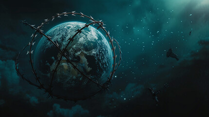 Illustration of a view of the globe from space, wrapped in barbed wire, dark blue background. Space illustration. - obrazy, fototapety, plakaty