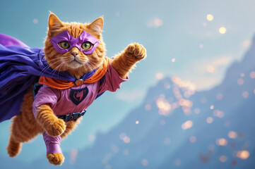 Cute orange tabby kitty with a purple cloak and mask jumping and flying on light blue sky background, Cat superhero flies over the city - obrazy, fototapety, plakaty