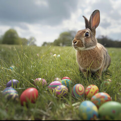 Easter bunny in a field with easter eggs