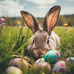 Easter bunny in a field with easter eggs