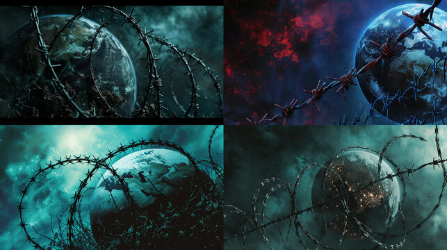 Illustration of a view of the globe from space, wrapped in barbed wire, dark blue background. Space illustration.