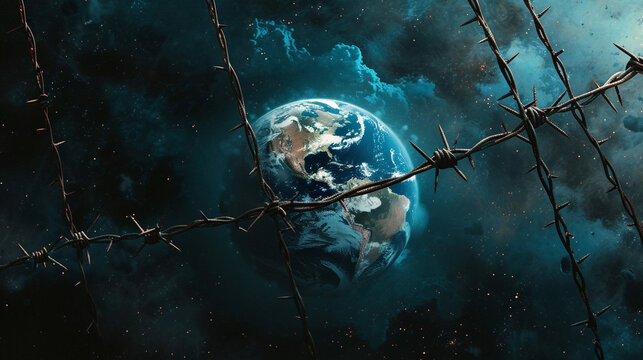Illustration of a view of the globe from space, wrapped in barbed wire, dark blue background. Space illustration.