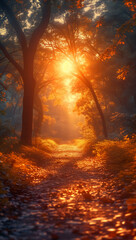 Sunset in the forest, a sunlit path through an autumn forest is dappled with golden light filtering through the trees