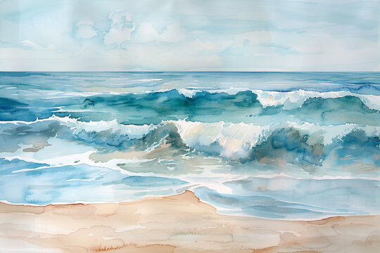 A watercolor seascape in light tones, with a subtle wave pattern blending blues and whites for a beach-inspired background 