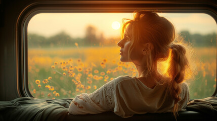 Fototapeta na wymiar Blonde woman looking from the train window, landscape with yellow flowers
