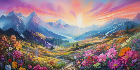 Paintings of flower gardens, beautiful colorful mountain backdrops and landscapes.
