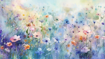 Fototapeta na wymiar Watercolor wildflowers floral illustration - summer flower, blossom, poppies, chamomile, dandelions, cornflowers, lavender, violet, bluebell, clover, buttercup, butterfly. Generative AI