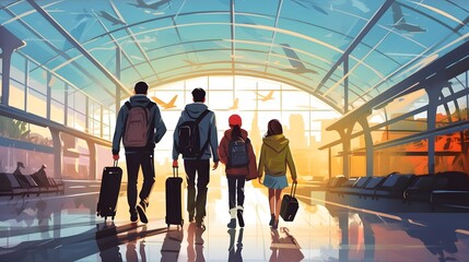Family with kids and backpacks walk in airport or station hall. Budget travel, vacation, holiday, trip, journey, flight