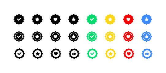 Social media medal buttons icon collection. Check mark, star, heart, like icons. Flat and silhouette style. Vector icons