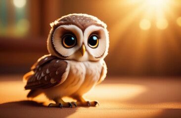 Cute owl sitting in room at sunset, soft focus background.