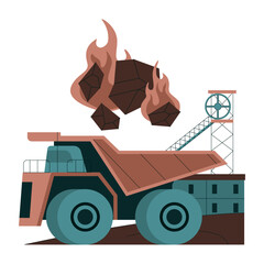 Fossil fuel. Fossil resources extraction. Earth raw materials depletion. Mining dump truck transporting flaming coal. Flat vector illustration © inspiring.team