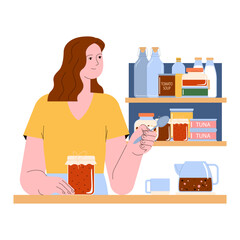 Sustainable cooking. Food preservation. Conscious meal waste reduction through home canning. Young woman storing homemade jam. Sustainable storage practice. Flat vector illustration.