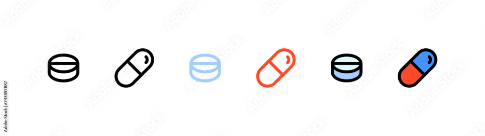 Poster pills icon set. flat and linear style. vector icons