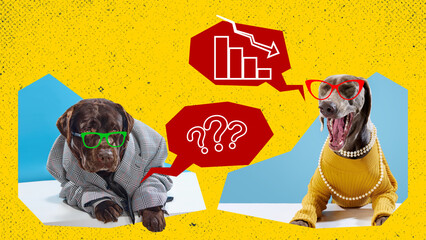 Two dogs in business clothes, speech bubbles with declining chart and question marks. Marketing...