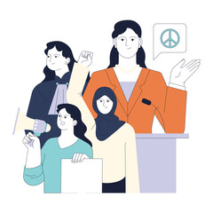 Fototapeta premium Political action. Women represented in politics. Civil society empowering, female activism for better future and equal opportunities. Diversity and inclusion. Flat vector illustration