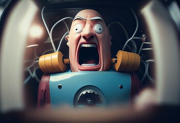 Frightened, screaming crash test dummy inside car, automobile testing and safety concept, created with Generative AI technology - obrazy, fototapety, plakaty