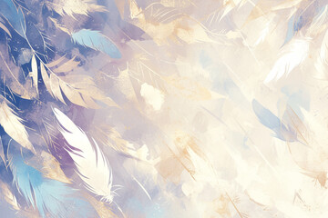 A delicate watercolor background with a feather pattern, featuring soft strokes of color that mimic the lightness and grace of feathers - obrazy, fototapety, plakaty