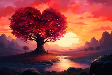 The red trees form a heart against the sunset background
