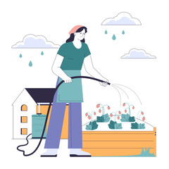 Rainwater harvesting. Sustainable practice of urban water preservation and its use in gardening and farming. Farmer watering plants with irrigation system. Flat vector illustration