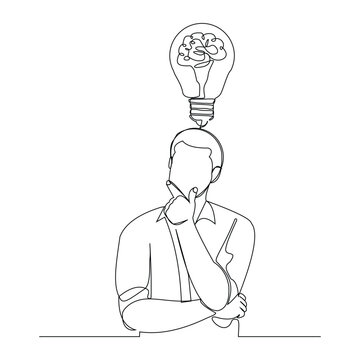 recommend clip art: Continuous Single line sketch drawing of thinking man and brain bulb idea. One line art of business woman thinking idea vector illustration