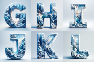 The letters A through Z, each formed from a beautifully crafted 3D ice and snow landscape,...