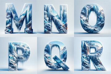The letters A through Z, each formed from a beautifully crafted 3D ice and snow landscape, integrating elements of a frozen wilderness, including icy cliffs, glaciers, and snow-covered peaks within th
