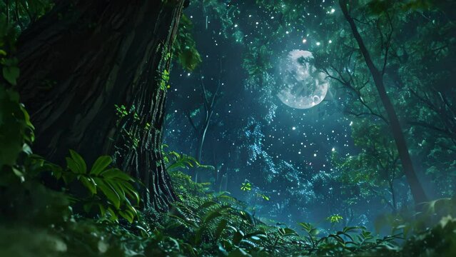 forest at night with moon and star. 4k video animation