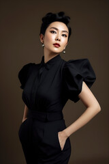 asian woman in a stylish black dress, posing against a brown backdrop, ai generative