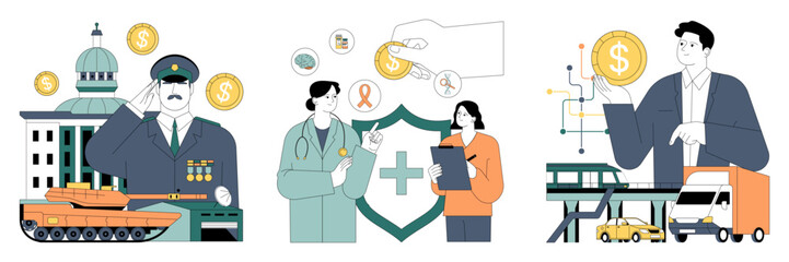 Government subsidy set. Diverse sectors including agriculture, healthcare, energy and military receive financial support. Government budget strategy. Flat vector illustration.