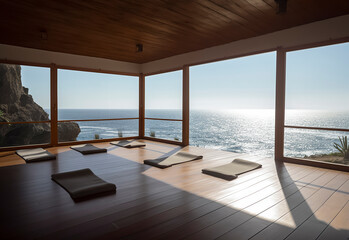 a serene yoga studio with mats, overlooking a beautiful ocean view, encapsulated by large panoramic windows and warm wooden interiors, ai generative