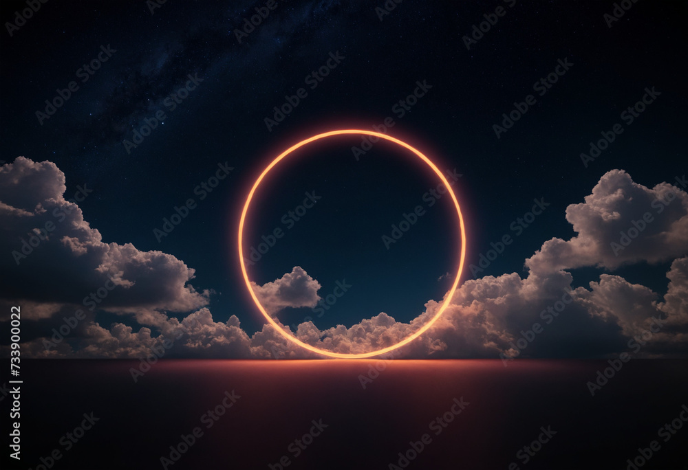 Wall mural Illuminated neon ring in the night sky with clouds, creative background