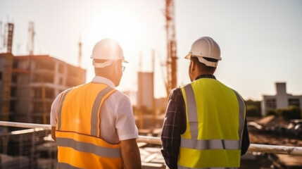 A team of construction engineers talks to managers and construction workers at the construction site.