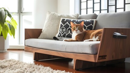 Orange and White Cat Lounging on a Modern Sofa